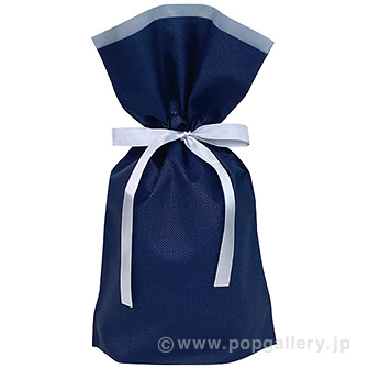 不織布リボン付巾着袋（底マチ付）ネイビーS10枚入