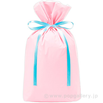 梨地リボン付巾着袋（底マチ付） L パステルピンク20枚入