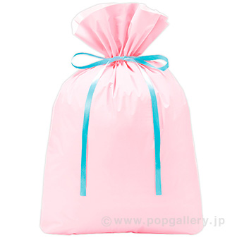 梨地リボン付巾着袋（底マチ付） LL パステルピンク20枚入