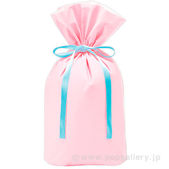 梨地リボン付巾着袋（底マチ付） M パステルピンク20枚入