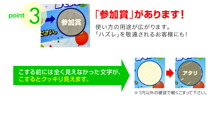 「参加賞」があります！使い方の用途が広がります。 「ハズレ」を敬遠されるお客様にも！