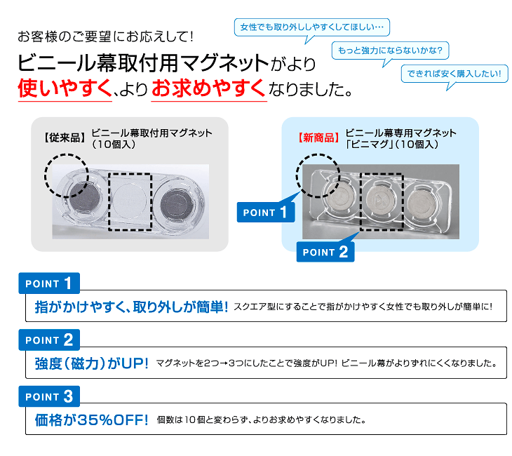 ビニール幕取付用マグネットがより使いやすく、よりお求めやすくなりました。